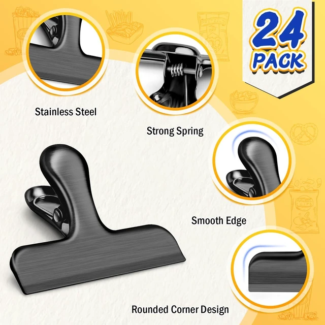 Alt view image 3 of 6 - 24 Pack Stainless Steel Chip Bag Clips, Chip Clips for Food Bags, Heavy Duty Clip for Kitchen and Office to Seal Coffee Bags, Paper Sheets, Air Tight Seal-3 Inches, Black
