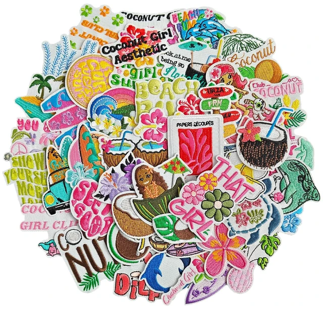 Main image of 48pcs Summer Iron on Patches for Clothing Hat Tote Bag | Embroidered Iron on/Sew on Patches Beach Applique for Clothing Jeans Jacket Backpack Swimsuits