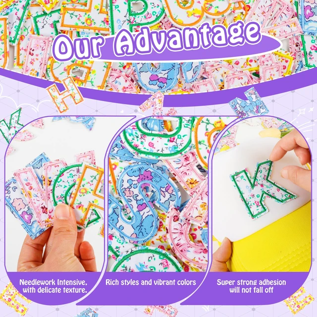 Alt view image 3 of 7 - Self-Adhesive Letter Patches for Bags: 52PCS Multicolor | Floral Fabric Varsity Letters Stick on Patches for Caps - Colorful A-Z Alphabet Sticker for Clothing Jackets Jeans