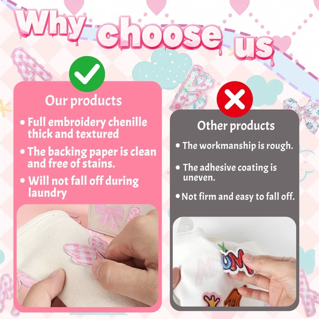 Alt view image 3 of 7 - Self-Adhesive Letter Patches for Backpacks: 62Pcs Pink | Letters Fabric Stickers Patches for Bags - Cute Bows Patch Stick on Clothing Jackets Jeans Backpacks Hats DIY Accessories