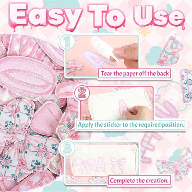 Alt view image 5 of 7 - Self-Adhesive Letter Patches for Backpacks: 62Pcs Pink | Letters Fabric Stickers Patches for Bags - Cute Bows Patch Stick on Clothing Jackets Jeans Backpacks Hats DIY Accessories