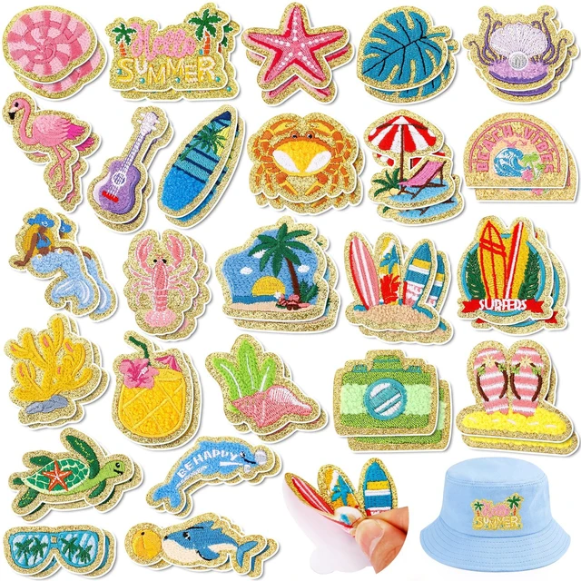 Main image of 50 Pcs Beach Summer Patches Self Adhesive Chenille for DIY Clothes | Hawaii Coastal Ocean Sea Animals Stickers,Easy to Stick on/Sew on,Embroidered,Golden Edge,for Girls Backpacks Bags Hats