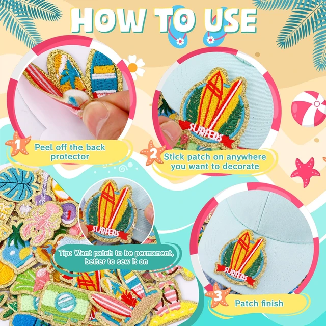 Alt view image 2 of 7 - 50 Pcs Beach Summer Patches Self Adhesive Chenille for DIY Clothes | Hawaii Coastal Ocean Sea Animals Stickers,Easy to Stick on/Sew on,Embroidered,Golden Edge,for Girls Backpacks Bags Hats