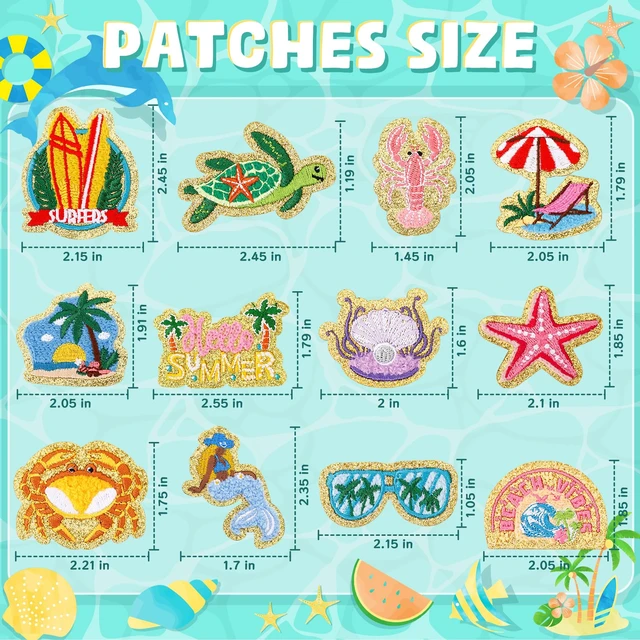 Alt view image 3 of 7 - 50 Pcs Beach Summer Patches Self Adhesive Chenille for DIY Clothes | Hawaii Coastal Ocean Sea Animals Stickers,Easy to Stick on/Sew on,Embroidered,Golden Edge,for Girls Backpacks Bags Hats