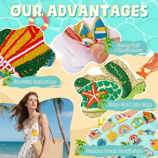 Alt view image 4 of 7 - 50 Pcs Beach Summer Patches Self Adhesive Chenille for DIY Clothes | Hawaii Coastal Ocean Sea Animals Stickers,Easy to Stick on/Sew on,Embroidered,Golden Edge,for Girls Backpacks Bags Hats