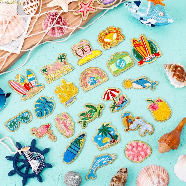 Alt view image 5 of 7 - 50 Pcs Beach Summer Patches Self Adhesive Chenille for DIY Clothes | Hawaii Coastal Ocean Sea Animals Stickers,Easy to Stick on/Sew on,Embroidered,Golden Edge,for Girls Backpacks Bags Hats