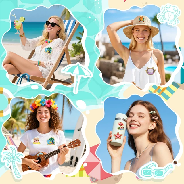 Alt view image 6 of 7 - 50 Pcs Beach Summer Patches Self Adhesive Chenille for DIY Clothes | Hawaii Coastal Ocean Sea Animals Stickers,Easy to Stick on/Sew on,Embroidered,Golden Edge,for Girls Backpacks Bags Hats