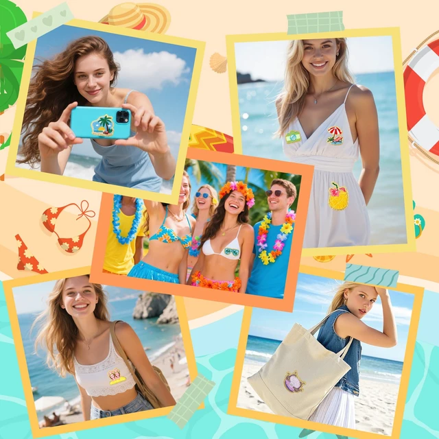 Alt view image 7 of 7 - 50 Pcs Beach Summer Patches Self Adhesive Chenille for DIY Clothes | Hawaii Coastal Ocean Sea Animals Stickers,Easy to Stick on/Sew on,Embroidered,Golden Edge,for Girls Backpacks Bags Hats