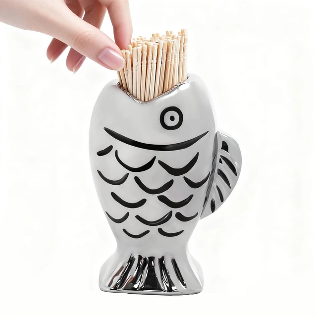 Main image of Ceramic Fish Toothpick Holder, Nautical Ocean Style Dispenser for Kitchen or Dining Table, Coastal Beach House Décor & Christmas Gift for Fishing Lovers and Seafood Fans