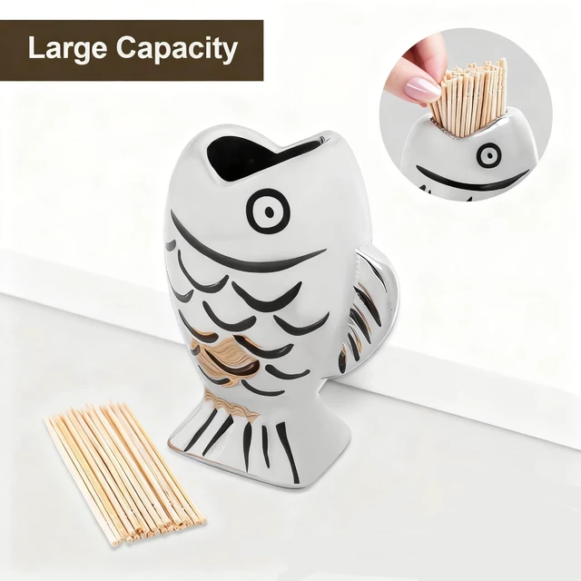 Alt view image 2 of 6 - Ceramic Fish Toothpick Holder, Nautical Ocean Style Dispenser for Kitchen or Dining Table, Coastal Beach House Décor & Christmas Gift for Fishing Lovers and Seafood Fans