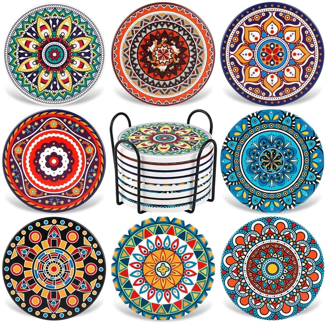 Main image of Coasters for Drinks,AODINI Set of 8 Absorbent Stone Coasters for Wooden Table, Mandala Ceramic with Cork Base, Gift for Housewarming Birthday and Family - Great Home and Dining Room Decor