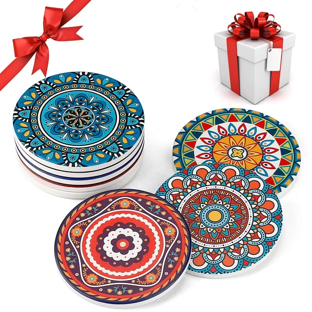 Alt view image 2 of 7 - Coasters for Drinks,AODINI Set of 8 Absorbent Stone Coasters for Wooden Table, Mandala Ceramic with Cork Base, Gift for Housewarming Birthday and Family - Great Home and Dining Room Decor