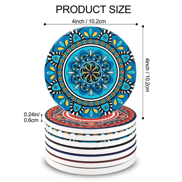 Alt view image 3 of 7 - Coasters for Drinks,AODINI Set of 8 Absorbent Stone Coasters for Wooden Table, Mandala Ceramic with Cork Base, Gift for Housewarming Birthday and Family - Great Home and Dining Room Decor