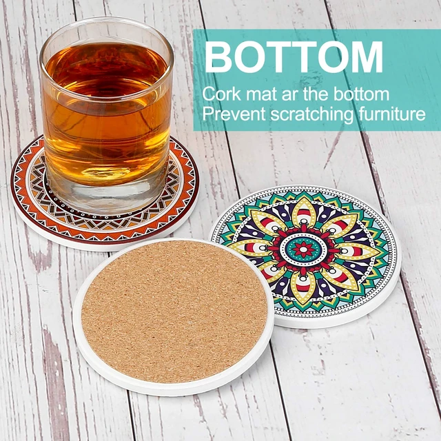 Alt view image 6 of 7 - Coasters for Drinks,AODINI Set of 8 Absorbent Stone Coasters for Wooden Table, Mandala Ceramic with Cork Base, Gift for Housewarming Birthday and Family - Great Home and Dining Room Decor