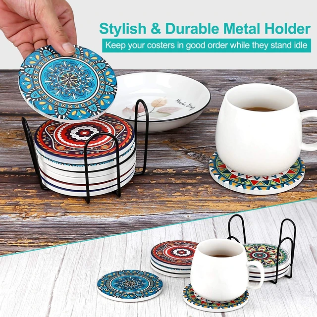 Alt view image 7 of 7 - Coasters for Drinks,AODINI Set of 8 Absorbent Stone Coasters for Wooden Table, Mandala Ceramic with Cork Base, Gift for Housewarming Birthday and Family - Great Home and Dining Room Decor
