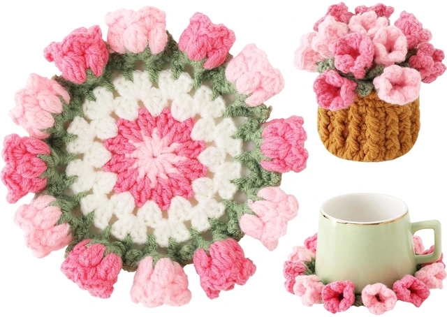 Main image of Crochet Flower Coasters, Handmade Bouquet Coasters with Crochet Plant Pot (Pink, 1Pc)