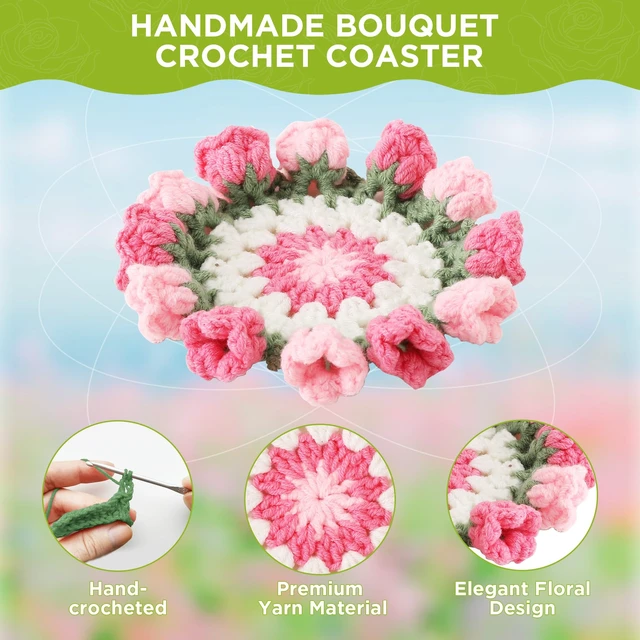 Alt view image 4 of 7 - Crochet Flower Coasters, Handmade Bouquet Coasters with Crochet Plant Pot (Pink, 1Pc)