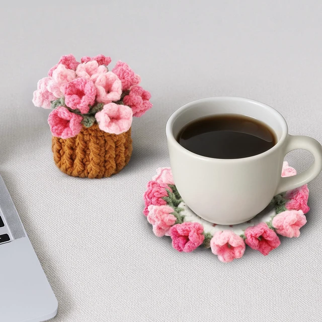 Alt view image 6 of 7 - Crochet Flower Coasters, Handmade Bouquet Coasters with Crochet Plant Pot (Pink, 1Pc)