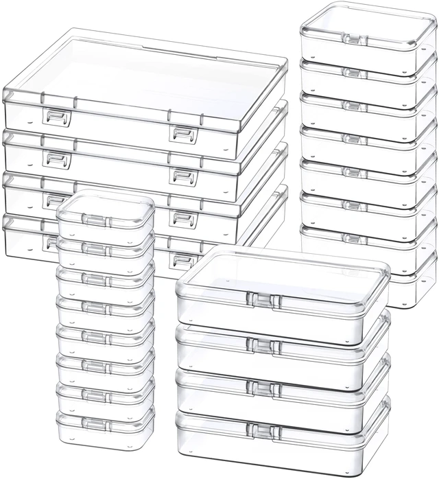 Main image of Small Plastic Storage Containers with Lids, 4 Sizes, 24 Pack | Mini Bead Storage and Organizers, Rectangular Small Items Organizer Boxes with Hinged Lids and Labels for Craft Jewelry
