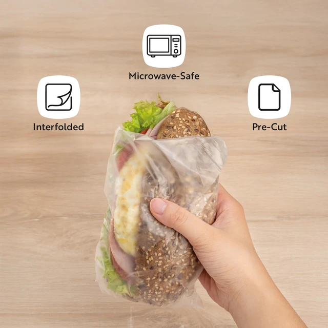 Alt view image 4 of 7 - Plastic Food Wraps 1000 Pack of 10.75" x 10" Pre-Cut Clear Sandwich Wraps Disposable Pop-Up Microwavable Freezable Greaseproof Food Covers for Burgers, Snacks, And Take Out