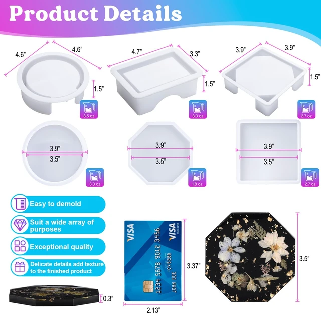 Alt view image 2 of 7 - 18 Pcs Coaster Resin Molds Silicone, Coaster Molds | with Round Square Octagon Shape Holder Molds for Epoxy Resin, DIY Art Craft Cup Mats