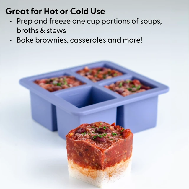 Alt view image 2 of 6 - Cup Cubes Silicone Freezer Tray with Lid, Blue, Makes 4 Perfect 1-Cup Portions, Freeze & Store Soup, Broth, Sauce, Leftovers, Dishwasher Safe, 4-Cup