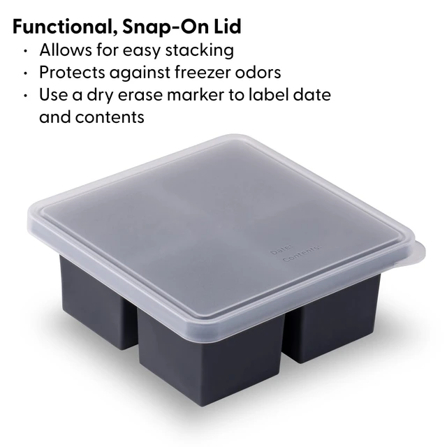 Alt view image 4 of 6 - Cup Cubes Silicone Freezer Tray with Lid, Blue, Makes 4 Perfect 1-Cup Portions, Freeze & Store Soup, Broth, Sauce, Leftovers, Dishwasher Safe, 4-Cup