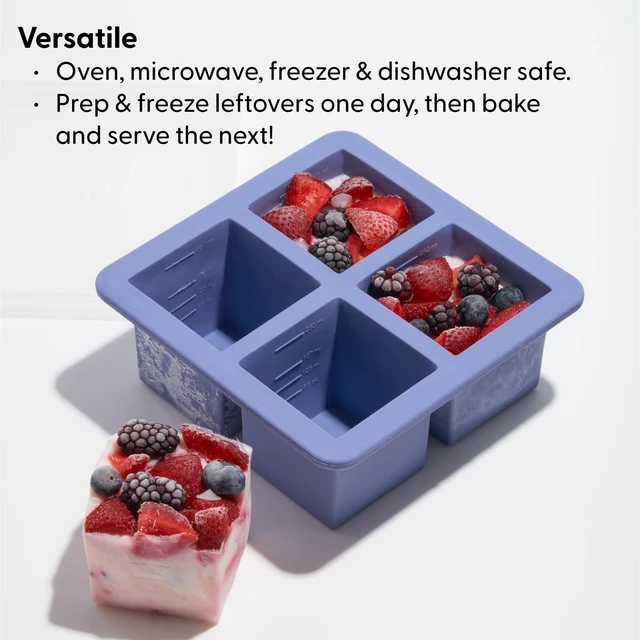 Alt view image 5 of 6 - Cup Cubes Silicone Freezer Tray with Lid, Blue, Makes 4 Perfect 1-Cup Portions, Freeze & Store Soup, Broth, Sauce, Leftovers, Dishwasher Safe, 4-Cup