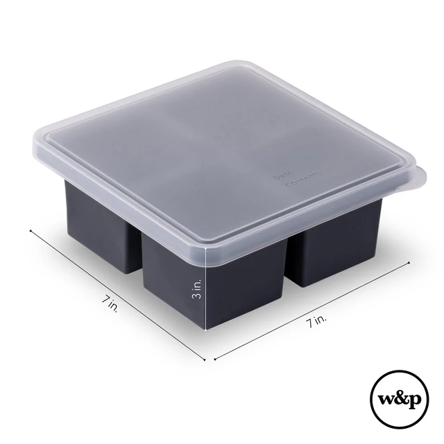 Alt view image 6 of 6 - Cup Cubes Silicone Freezer Tray with Lid, Blue, Makes 4 Perfect 1-Cup Portions, Freeze & Store Soup, Broth, Sauce, Leftovers, Dishwasher Safe, 4-Cup