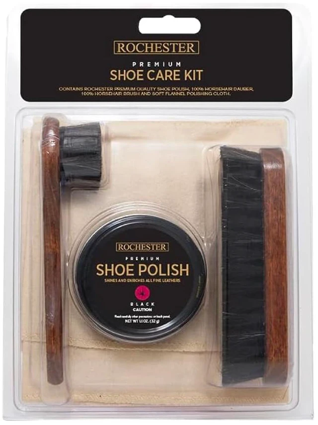 Main image of Premium Shoe Care Kit, Leather Shoe Care Kit with Black Shoe Polish, 100% Horsehair Dauber, 100% Horsehair Shoe Brush, and Soft Flannel Polishing Cloth, Shoe Accessories