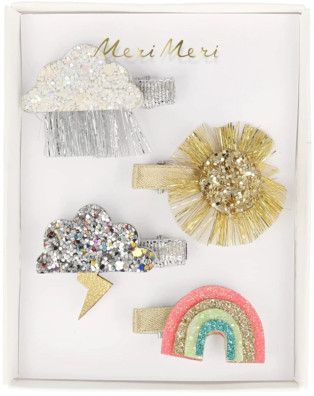 Main image of Sparkly Weather Hair Clips - Set of 4 - Silver, Rainbow, Pink - Crocodile Clips - Modern, Contemporary - Glitter & Leatherette - Adults & Kids 4+