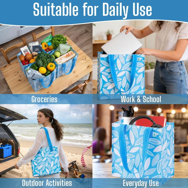 Alt view image 2 of 7 - 4 Pack Compact Reusable Grocery Shopping Bags with Hard Bottom | Medium Heavy Duty Utility Tote with Long Handles, Foldable, Stand Upright, for Groceries Shopping Cart(Spring Breeze, 4 Pack)