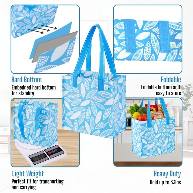 Alt view image 4 of 7 - 4 Pack Compact Reusable Grocery Shopping Bags with Hard Bottom | Medium Heavy Duty Utility Tote with Long Handles, Foldable, Stand Upright, for Groceries Shopping Cart(Spring Breeze, 4 Pack)