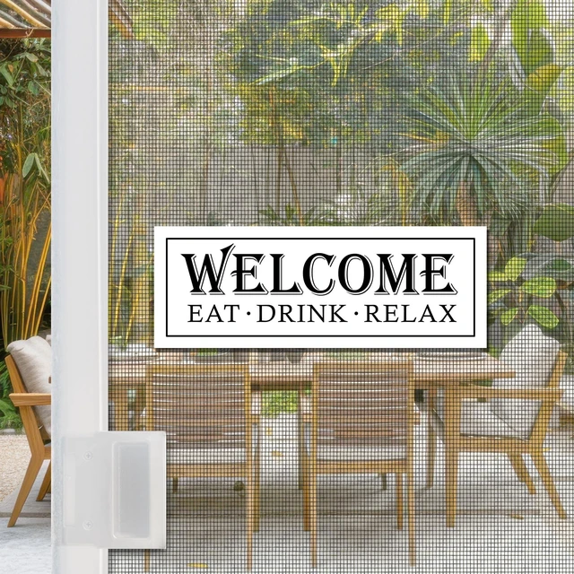 Main image of 2 Pcs Screen Door Magnets | Signs & Decorations | Anti-Collision for People, Pets & Birds | 10 x 3.5 - Eat Drink Relax (Not Retractable)
