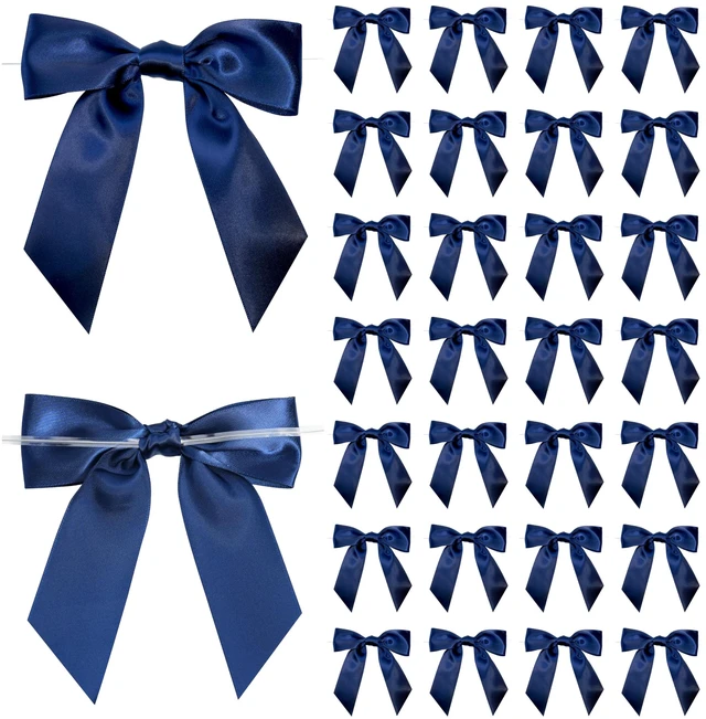 Main image of Navy Blue Satin Ribbon Twist Tie Bows 5 Inch 36 Pack | Pre-Tied Blue Gift Bows, For Crafts, Treat Bags, Party Favors, Wedding, Baby Shower, Candy Apple, Christmas Tree