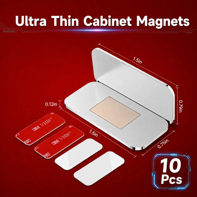 Alt view image 2 of 7 - 10 Pack Cabinet Magnets for Closure, 3mm Ultra Thin Magnetic Door Catch | Strong Hold and No-Drill Adhesive Design for Kitchen Cabinets, Drawers and Closet Doors