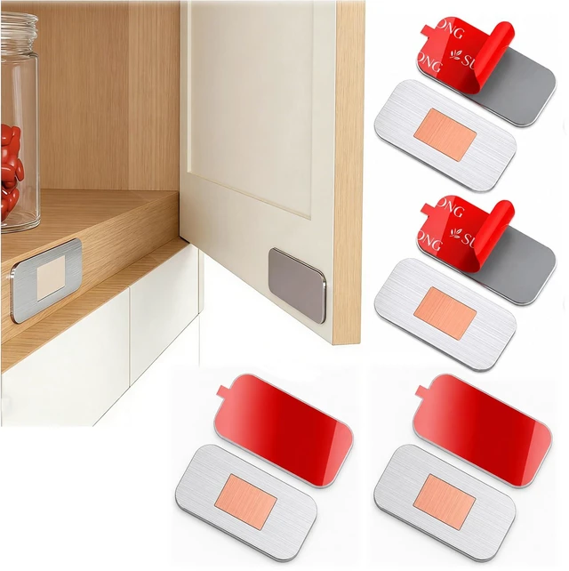 Main image of 4 Pack Magnetic Cabinet Door Catch, No Drill, Silver, Small Fix Set | Ultra Thin No Drill, Adhesive Stainless Steel Drawer Door Cabinet Magnets, for Kitchen, Bathroom, Closet, RV Doors Closure