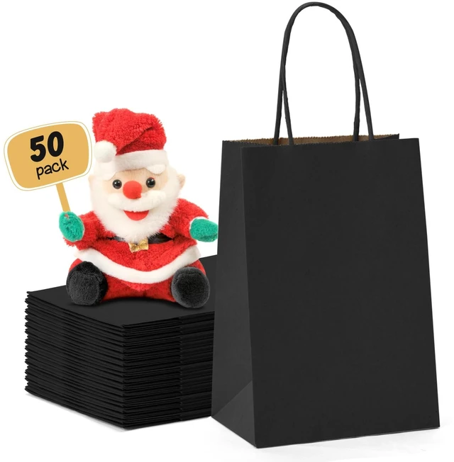Main image of C Gift Bags 5.25 x 3.75 x 8 Inch 50 Pack Black Paper Bags | Small Kraft Bags with Handles,Heavy Duty Paper Sacks Recycled for Shopping,Boutique,Party Favor,Goodie,Retail Business
