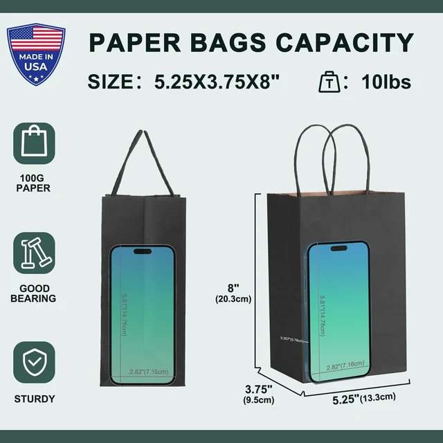 Alt view image 2 of 7 - C Gift Bags 5.25 x 3.75 x 8 Inch 50 Pack Black Paper Bags | Small Kraft Bags with Handles,Heavy Duty Paper Sacks Recycled for Shopping,Boutique,Party Favor,Goodie,Retail Business