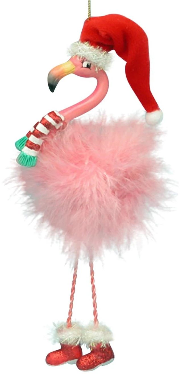 Main image of Pink Flamingo in Santa Hat and Feathers Christmas Holiday Ornament