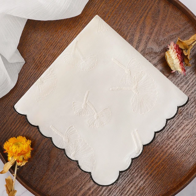 Alt view image 2 of 7 - Women's Cotton Handkerchiefs Scallop Embroidered Ladies Hankies | Dandelion Flower Butterflies for Wedding Parties 3Pcs