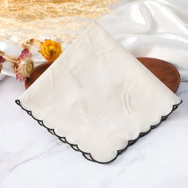 Alt view image 5 of 7 - Women's Cotton Handkerchiefs Scallop Embroidered Ladies Hankies | Dandelion Flower Butterflies for Wedding Parties 3Pcs