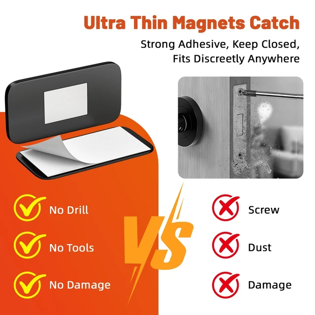 Alt view image 2 of 7 - No Drill Cabinet Magnetic Catch Jiayi Ultra Thin Cabinet Door Magnet | 6 Pack, Adhesive for Quiet Closure, Black Invisible Drawer Magnets Latch for Bathroom Vanities, Desks, Closets, French Doors