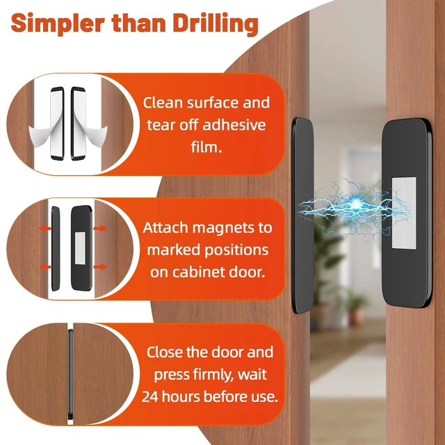 Alt view image 3 of 7 - No Drill Cabinet Magnetic Catch Jiayi Ultra Thin Cabinet Door Magnet | 6 Pack, Adhesive for Quiet Closure, Black Invisible Drawer Magnets Latch for Bathroom Vanities, Desks, Closets, French Doors