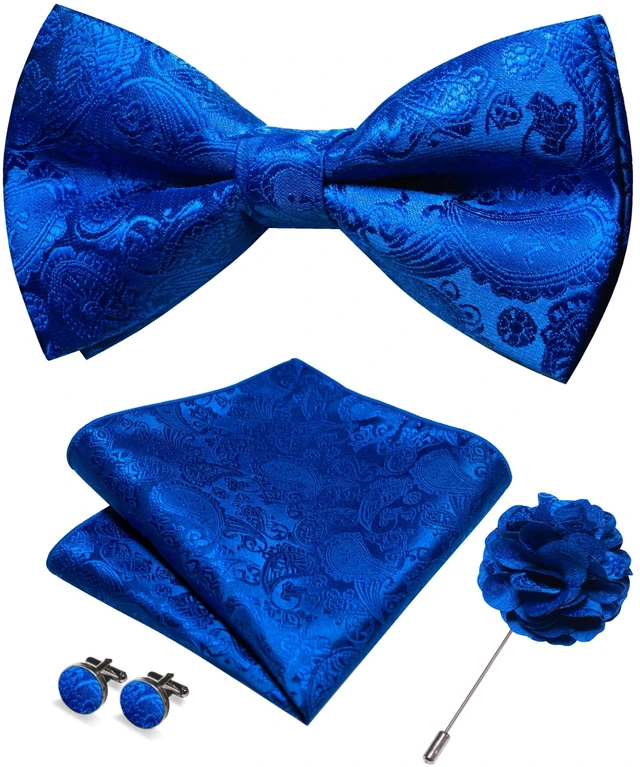 Main image of Royal Blue Paisley Bow Tie Pre-tied Bowtie and Pocket Square Cufflinks Lapel Pin Sets for Men(39)