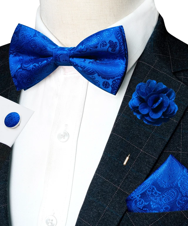 Alt view image 2 of 5 - Royal Blue Paisley Bow Tie Pre-tied Bowtie and Pocket Square Cufflinks Lapel Pin Sets for Men(39)