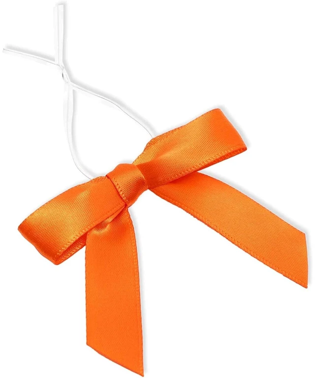 Main image of 100 Pack Orange Twist Tie Bows for Treat Bags - 3" Small Satin Ribbons Orange Twist Ties for Craft Decoration, Gift Wrap, Themed Party Favors, Baked Goods