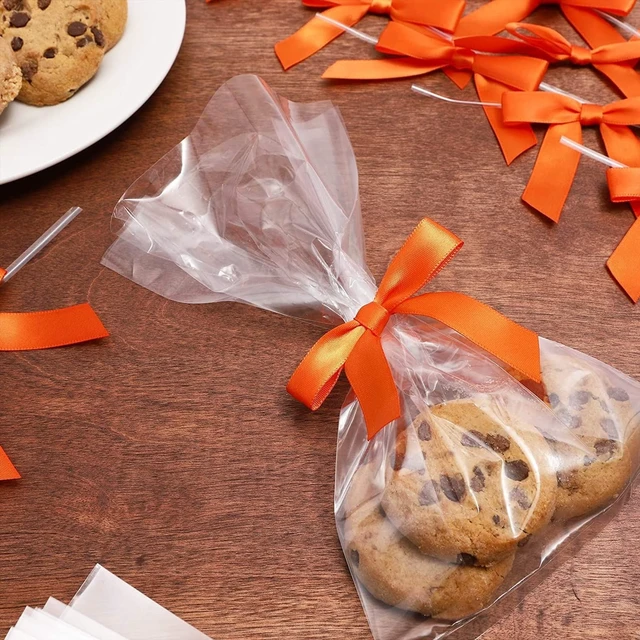 Alt view image 3 of 7 - 100 Pack Orange Twist Tie Bows for Treat Bags - 3" Small Satin Ribbons Orange Twist Ties for Craft Decoration, Gift Wrap, Themed Party Favors, Baked Goods