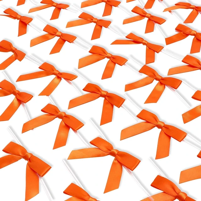 Alt view image 7 of 7 - 100 Pack Orange Twist Tie Bows for Treat Bags - 3" Small Satin Ribbons Orange Twist Ties for Craft Decoration, Gift Wrap, Themed Party Favors, Baked Goods