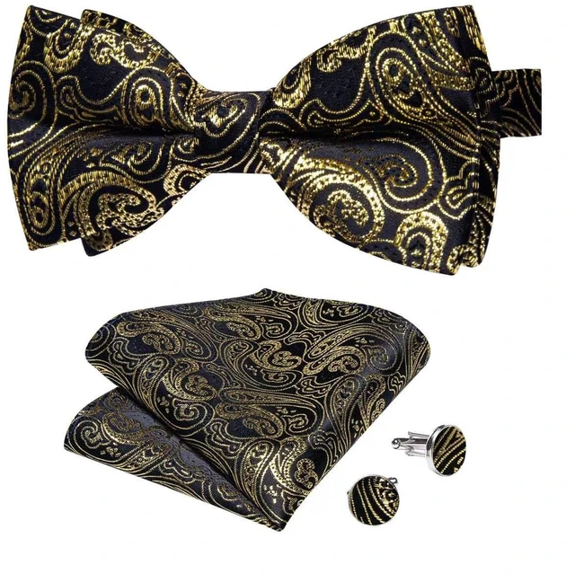Main image of Silk Bow Tie Pre Tied Bowtie Set for Men In Gift Box,Gold | 4PCS,Classic Paisley Pattern,Mens Bow Ties,Easy to Match,Elegant,Pocket Square,Cufflinks,Wedding,Party,Banquet,Dinner,Prom